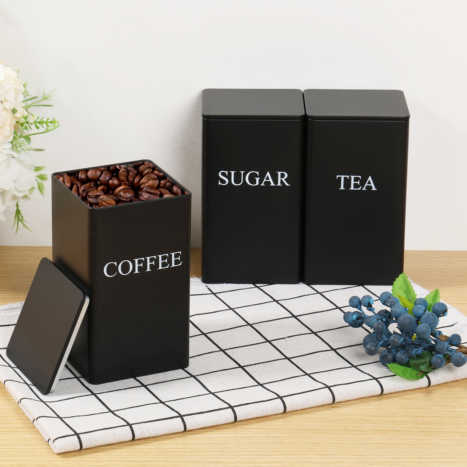 Canister Coffee Sugar Tea - 3 adet kahve çekirdeği saklama kutuları