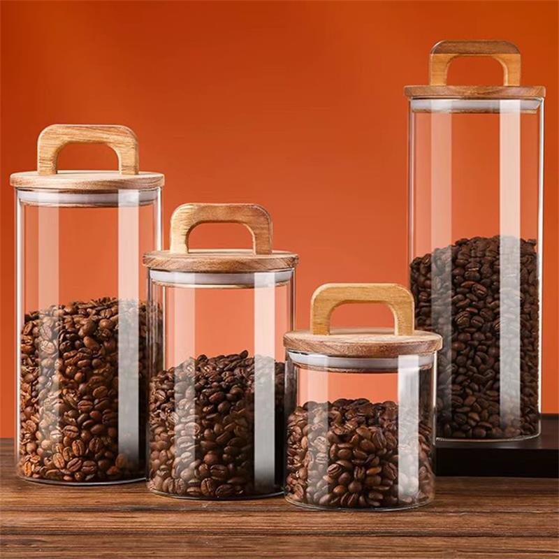 Canister Coffee Sugar Tea - Bambu kapaklı şeffaf cam kavanoz mühürlü