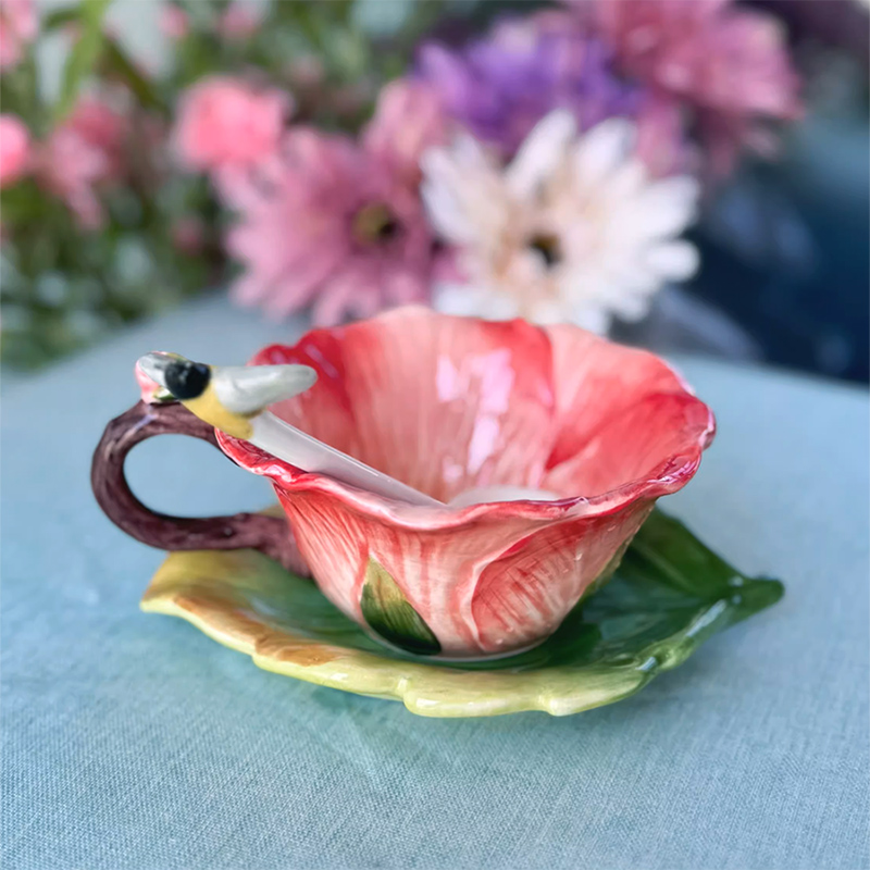 Coffee Or Tea Please - Seramik Çiçek Desenli Kahve Fincanı, Tabak